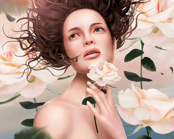 Atraktivní Plynulé Vlasy Žena Světle Růžové Růže Kolem Ilustrace — Stockový vektor