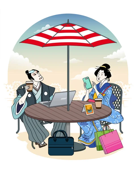 旅の途中でコーヒーを飲みながら屋外カフェでスマホを使う浮世絵 — ストックベクタ