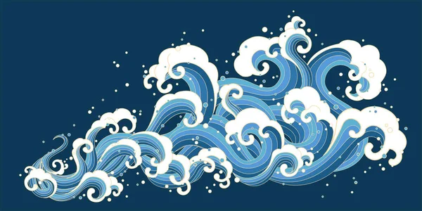 Estilo Ukiyo Salpicando Marea Oceánica Sobre Fondo Azul Oscuro — Vector de stock