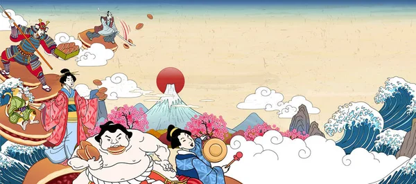 富士山を背景に浮世絵で日本のどら焼きに立ち戦いを繰り広げる古代人 — ストックベクタ