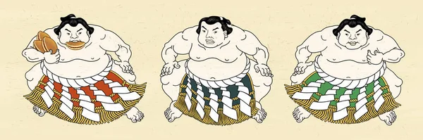 Tři Japonští Sumo Wrestleři Barevném Opasku Jeden Nich Drží Dorayaki — Stockový vektor