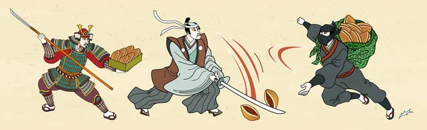 Японський Генерал Ніндзя Бореться Дораякі Стилі Укійо — стоковий вектор