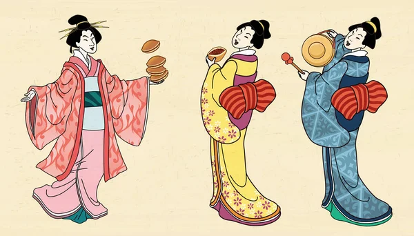 Tre Ragazze Kimono Possesso Torte Fagioli Rossi Gong Illustrazione Stile — Vettoriale Stock