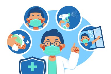 Grip veya COVID-19 için hijyen tanıtımı. Doktor kendini düz bir resimle korumak için ipuçları veriyor.