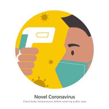Coronavirus salgını sırasında vücut sıcaklığını kontrol edin, COVID-19 için düz tasarım çizimi