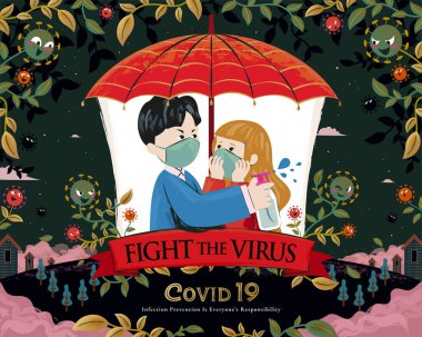 Kırmızı şemsiyeli bir çift, Coronavirus 'la alkol spreyiyle savaşıyor.