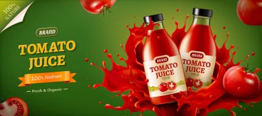 Domates suyu serpiştirilmiş gerçekçi cam şişeler, afiş reklam şablonu kullanımı için, 3D illüstrasyon