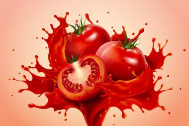 Gıda ürünü veya içecek reklamı olarak, somon pembe zemin üzerinde bütün ve dilimlenmiş domatesli güçlü bir taze domates suyu, 3 boyutlu illüstrasyon
