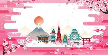 Pembe uğurlu bulut ve çiçek açan neşeli çiçeklerle çerçevelenmiş Japonya 'nın dünyaca ünlü cazibesiyle Japonya' nın tarihi bayrağı.