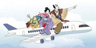 Japonya 'ya seyahat, geyşa, samuray ve shiba inu köpeğiyle heyecanlı bir şekilde, bulutlu arka planda izole bir şekilde