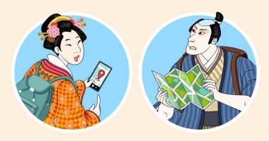 Japonya 'yı sırt çantasıyla gezerken geyşa akıllı telefon ve samuray okuma haritası kullanarak bej arka planda izole edilmiş.
