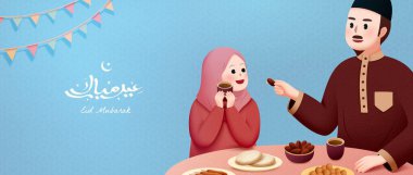 Baba ve kızı tatilde mavi arka planda iftar yemeğinin keyfini çıkarıyorlar, bayramda Mübarek el yazısı, yani mutlu bayramlar.