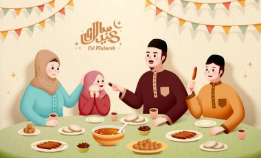 Müslüman bir ailenin, bayram boyunca bej arka planda lezzetli iftar yemekleri yemesi bayram mübarek el yazısı, yani mutlu bayramlar.