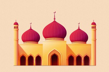 Bej rengi pembe arka planda minareli kırmızı kubbe mescidi.