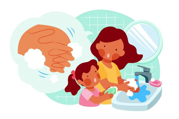 妈妈正在教她的女儿如何用肥皂洗手 Covid 19型清洁卫生推广用的是扁平的 — 图库矢量图片