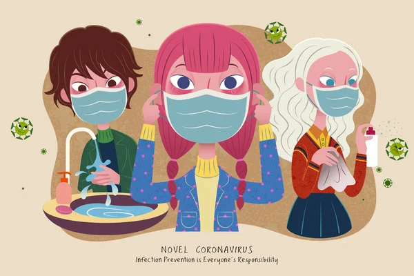 洗って手を含む小説コロナウイルスと戦うための最良の方法は マスクに置き 消毒スプレーを使用し 漫画のスタイルでCovid 19のための健康促進イラスト — ストックベクタ