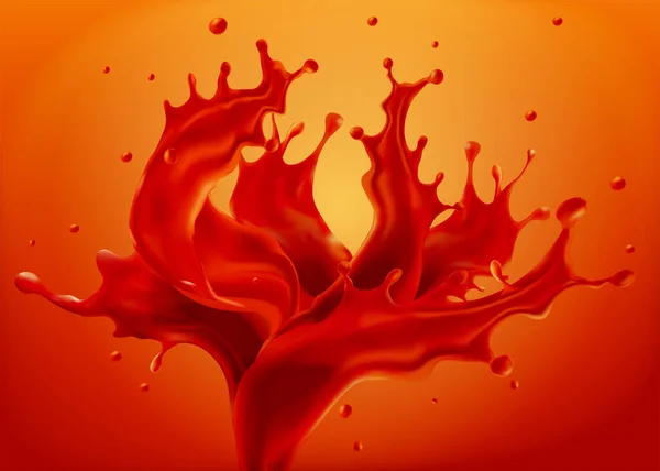 Realistic Splashes Red Liquid Frozen Air Orange Background Element Food — Stock Vector