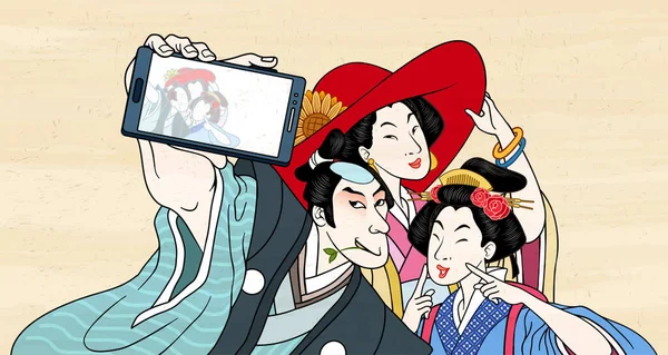 Japonais Rétro Prenant Selfie Avec Smartphone Dans Style Ukiyo Traditionnel — Image vectorielle