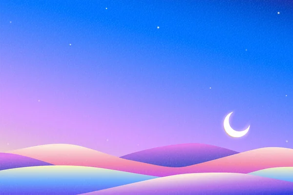 Dromerige Neon Kleur Nacht Woestijn Met Halve Maan Achtergrond — Stockvector
