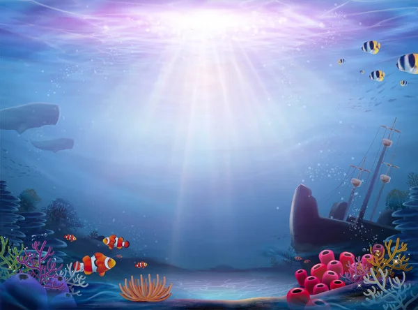 Fondo Oceánico Natural Con Naufragio Abundante Vida Marina Ilustración — Vector de stock