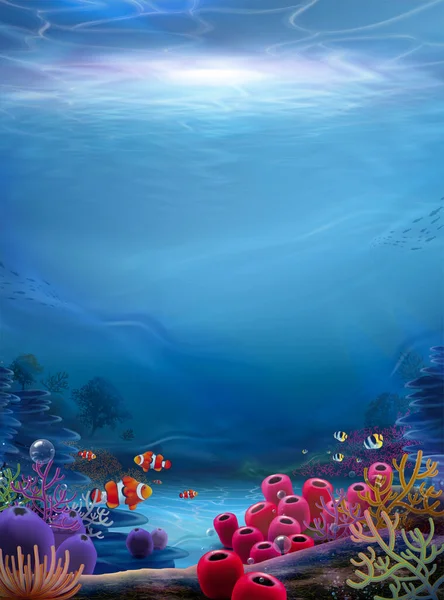 Naturalne Dno Oceanu Tło Marzycielskim Słońcem Świecącym Przez Wodę Ilustracja — Wektor stockowy