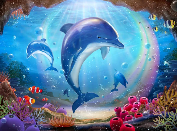 Pod Amabili Delfini Che Rincorrono Colorato Oceano Tropicale Con Bellissimo — Vettoriale Stock