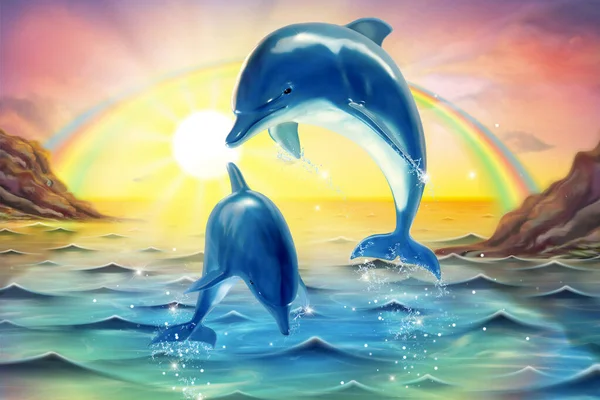 Hermoso Romper Delfines Nariz Botella Amanecer Cielo Sol Ilustración Mural — Vector de stock