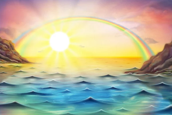 Bunte Meer Strand Sonnenaufgang Mit Regenbogen Und Sonnenstrahlen Hintergrund — Stockvektor