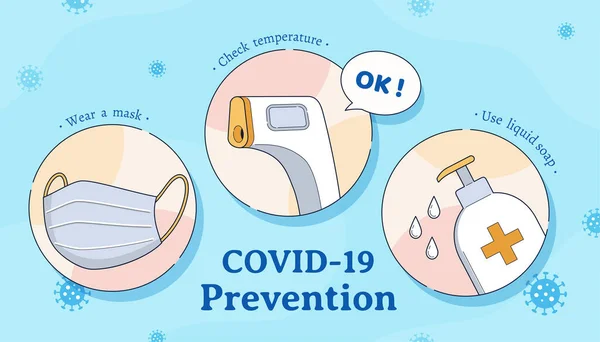 Covid 19防止のためのヒントマスクを着用し 温度を確認し 頻繁に手を洗う — ストックベクタ
