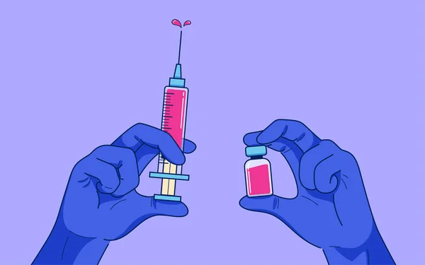 手戴紫色橡胶手套 手握注射器和疫苗 — 图库矢量图片