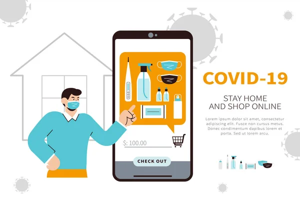 在Covid 19检疫期间 通过智能手机进行网上购物 帮助人们获得个人护理产品 — 图库矢量图片