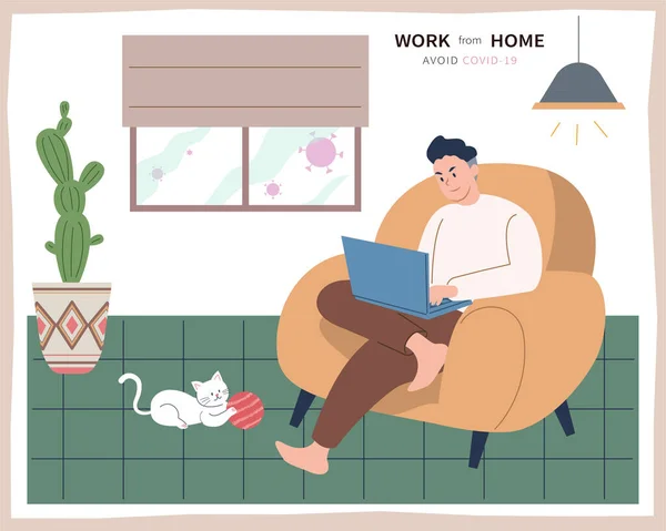 Homem Sentado Sofá Aconchegante Usando Laptop Para Trabalho Conceito Trabalho —  Vetores de Stock