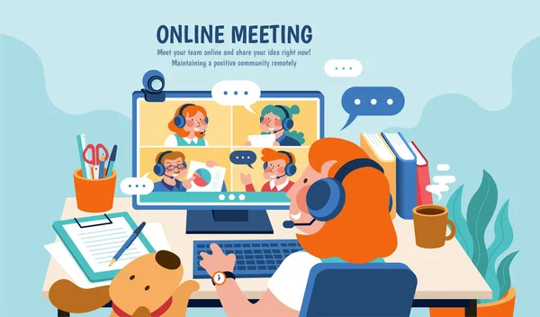 Een Schattig Roodharig Meisje Houdt Online Conferenties Thuis Met Haar — Stockvector