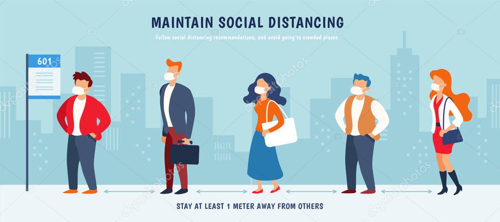 Practice social distancing to avoid COVID-19 infection, men and women waiting in line for bus and keep safe distance from one another