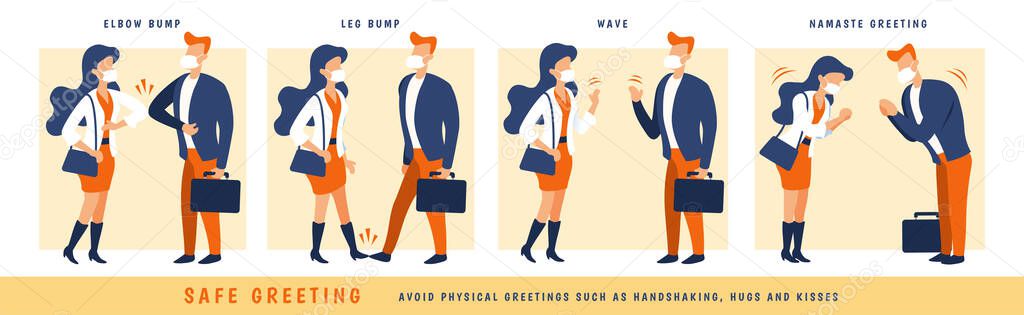 4 interesting greeting alternatives for COVID-19 prevention, including elbow bump, leg bump, wave and namaste greeting