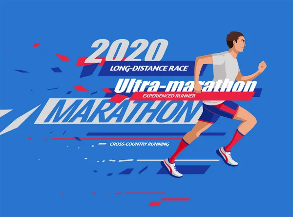 Flaches Design Des Marathons Mit Energischem Läufer Auf Blauem Hintergrund — Stockvektor