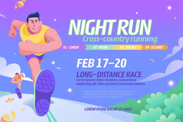 Night Run Event Illustration Competitors Running Purple Blue Gradient Starry — Stock Vector