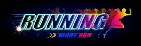 Neon Light Style Night Run Event Banner Colorful Halftone Runner — Stock Vector