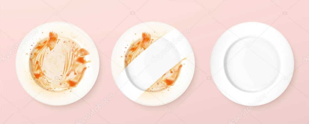 Top view of clean and dirty 3d illustration dishes, before and after of applying dish soap