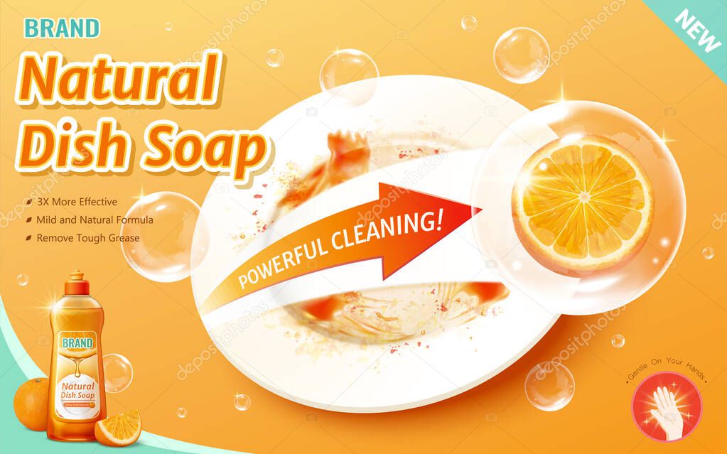 3d illustration effective dish soap ads with natural formula, orange in bubble wipes out the grease stains on plate