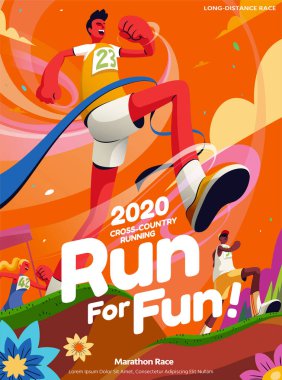 Lively cross-country running event poster in orange tone with a man crossing the finish line clipart