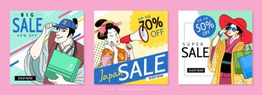 Moda Ukiyoe alışveriş sezonu reklam şablonları, alışveriş torbaları ve megafon tutan insanlar.