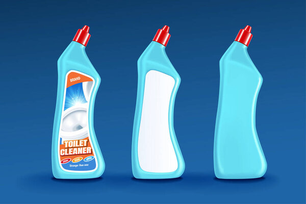 Toilet cleaner bottle mockup set on blue background in 3d illustration, one with blank label and one with designed sticker
