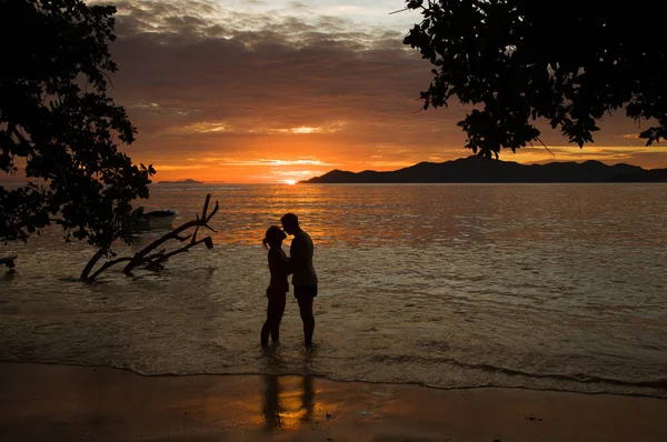 Atardecer tropical, orilla del océano con silueta de una pareja amante —  Fotos de Stock