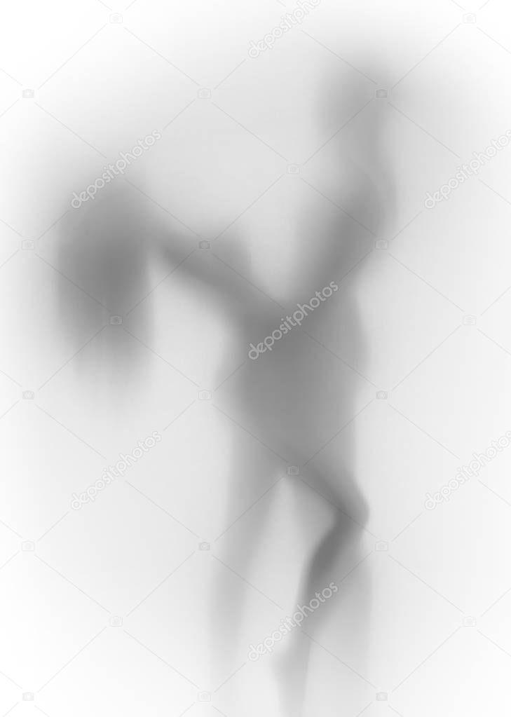 Beautiful lover couple together body silhouette, behind a diffuse surface