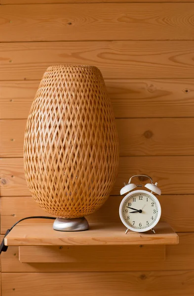 Bedroom Interior Detail Wooden Panelling White Clock Braided Lampshade Warm — Stock Photo, Image