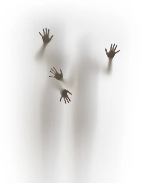 Insan Silueti Dört Nsanlar Perdenin Arkasında Durup Parmaklarıyla Dokunuyor — Stok fotoğraf