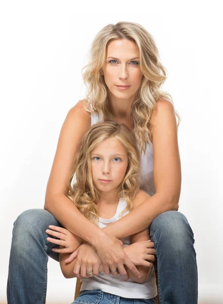 Lovely Beautiful Blonde Curly Long Haired Mother Her Daughter Sit — Stock Photo, Image