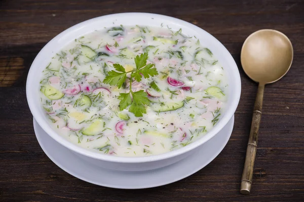 Zimna zupa jarzynowa na kefir, kwaśne mleko base - okroshka — Zdjęcie stockowe
