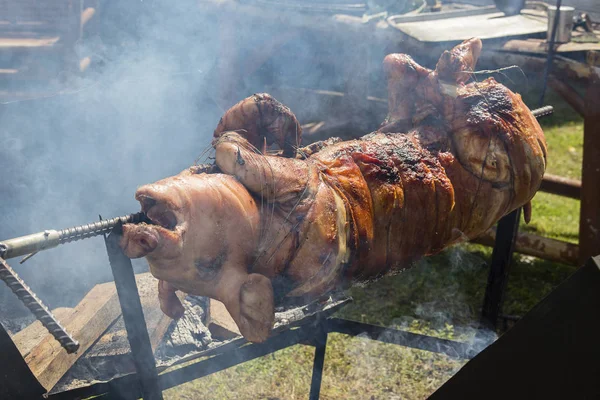 Roosteren Knorretje, gegrilde varken op straatvoedsel markt in Thailand. Close-up — Stockfoto